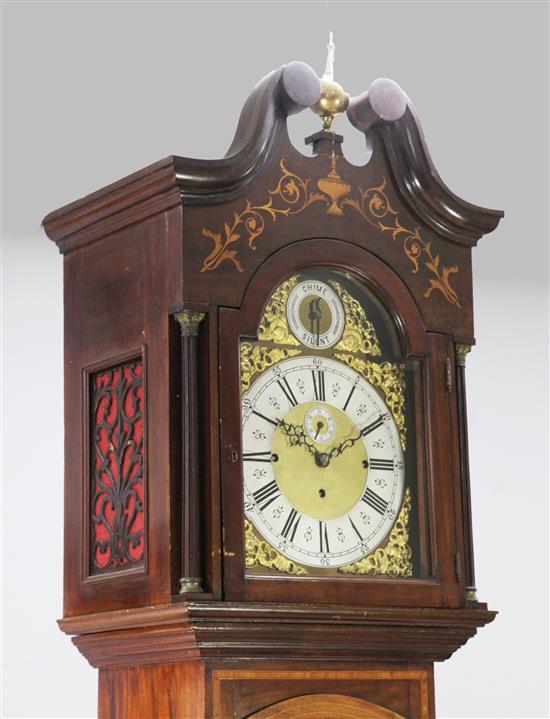An Edwardian marquetry inlaid mahogany chiming longcase clock, H.8ft